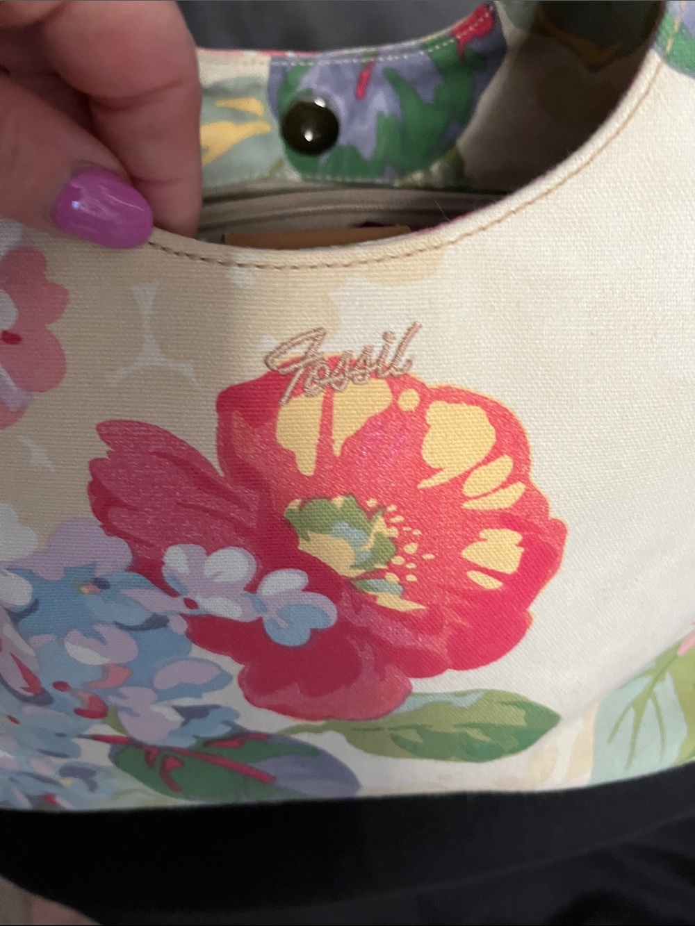 Fossil Cream Floral Canvas Tote with Pink & Red Blooms - Picture 3 of 6